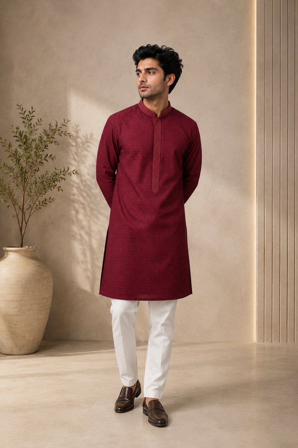 Men’s Maroon Textured Kurta Pajama