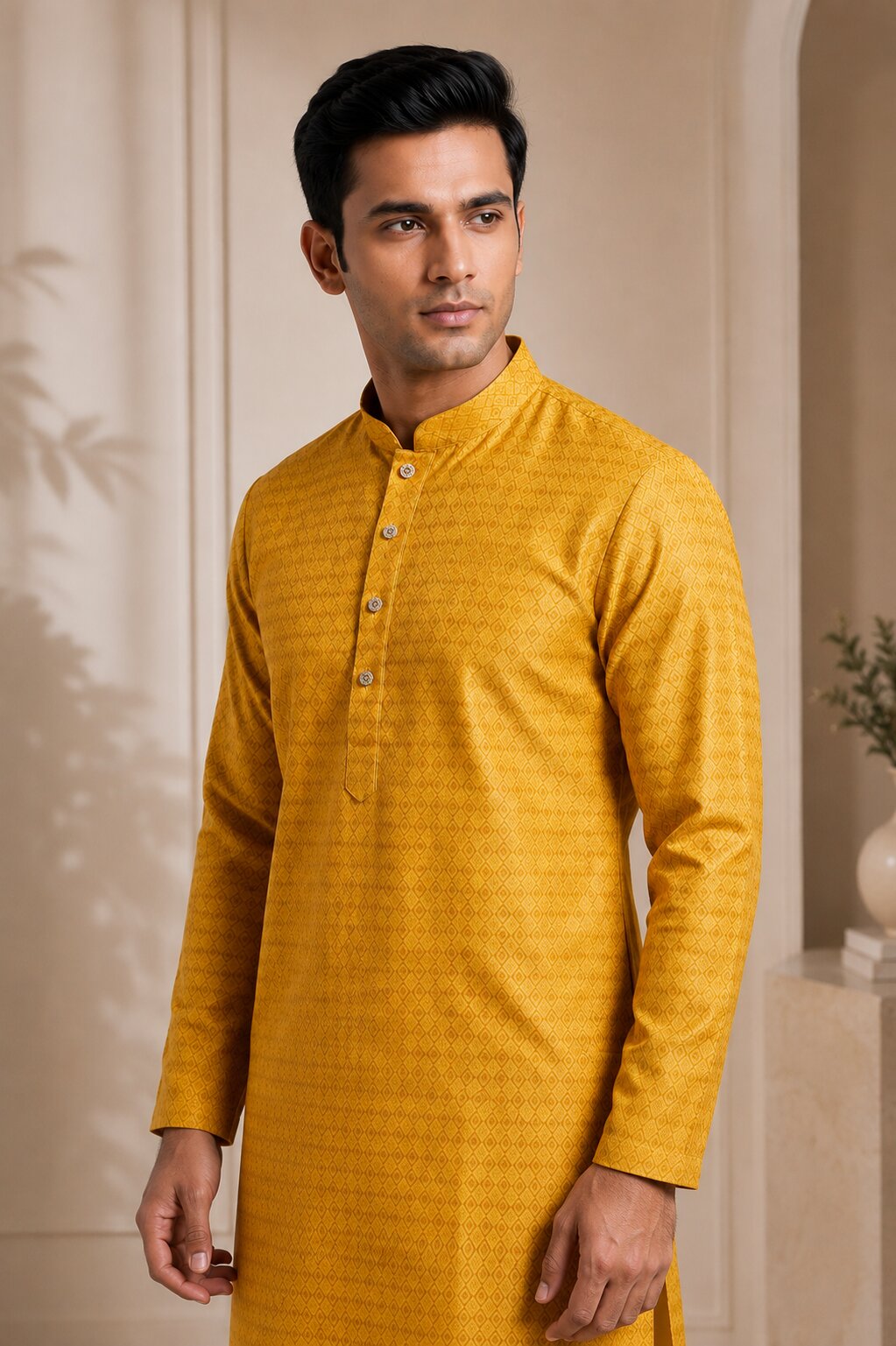 Men’s Mustard Textured Kurta Pajama