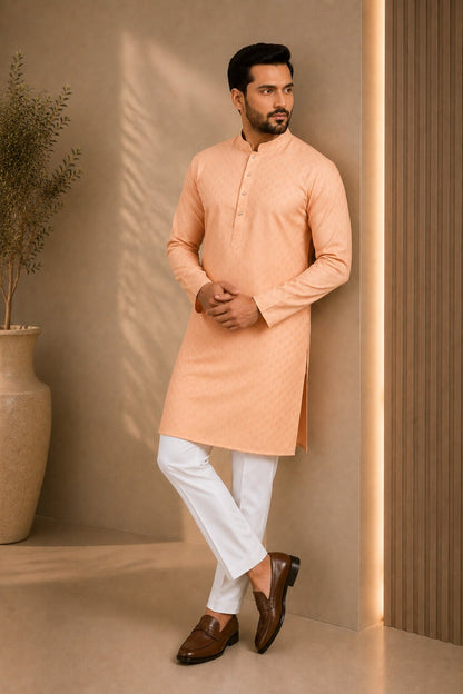 Men’s Peach Textured Kurta Pajama