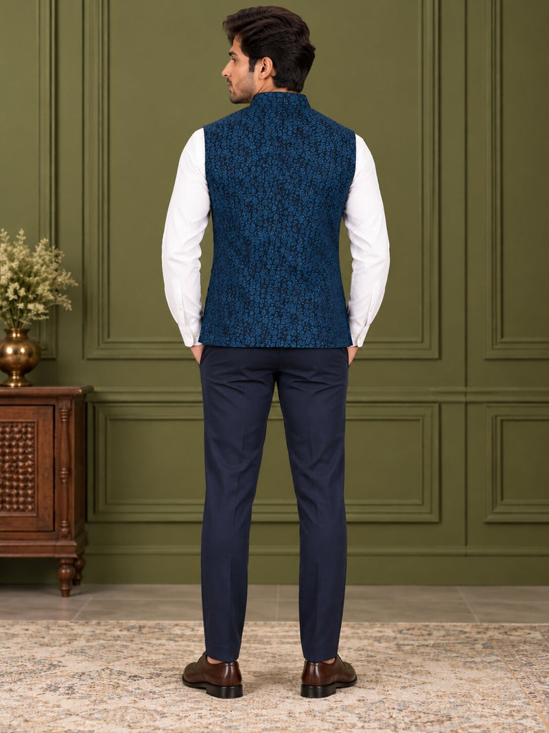 Men Rama Blue Floral Printed Nehru Jacket (Bundi)