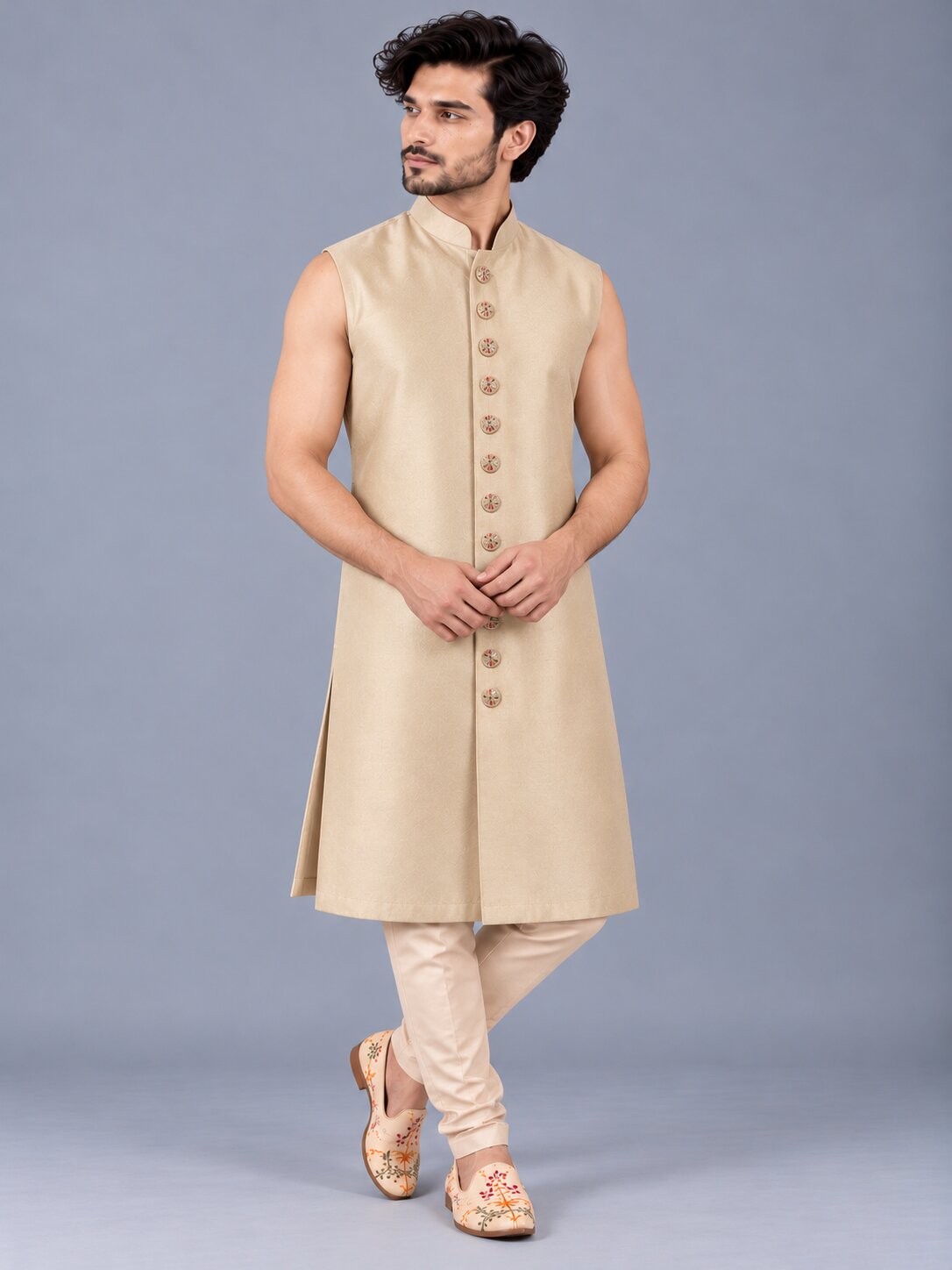 Men Premium Light Peach Embroidered Front Open Indo Western Sherwani Set