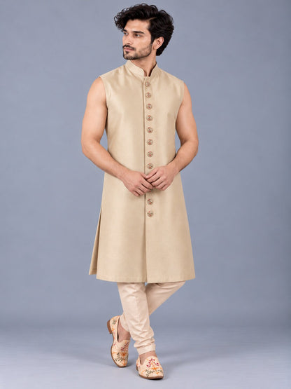 Men Premium Light Peach Embroidered Front Open Indo Western Sherwani Set