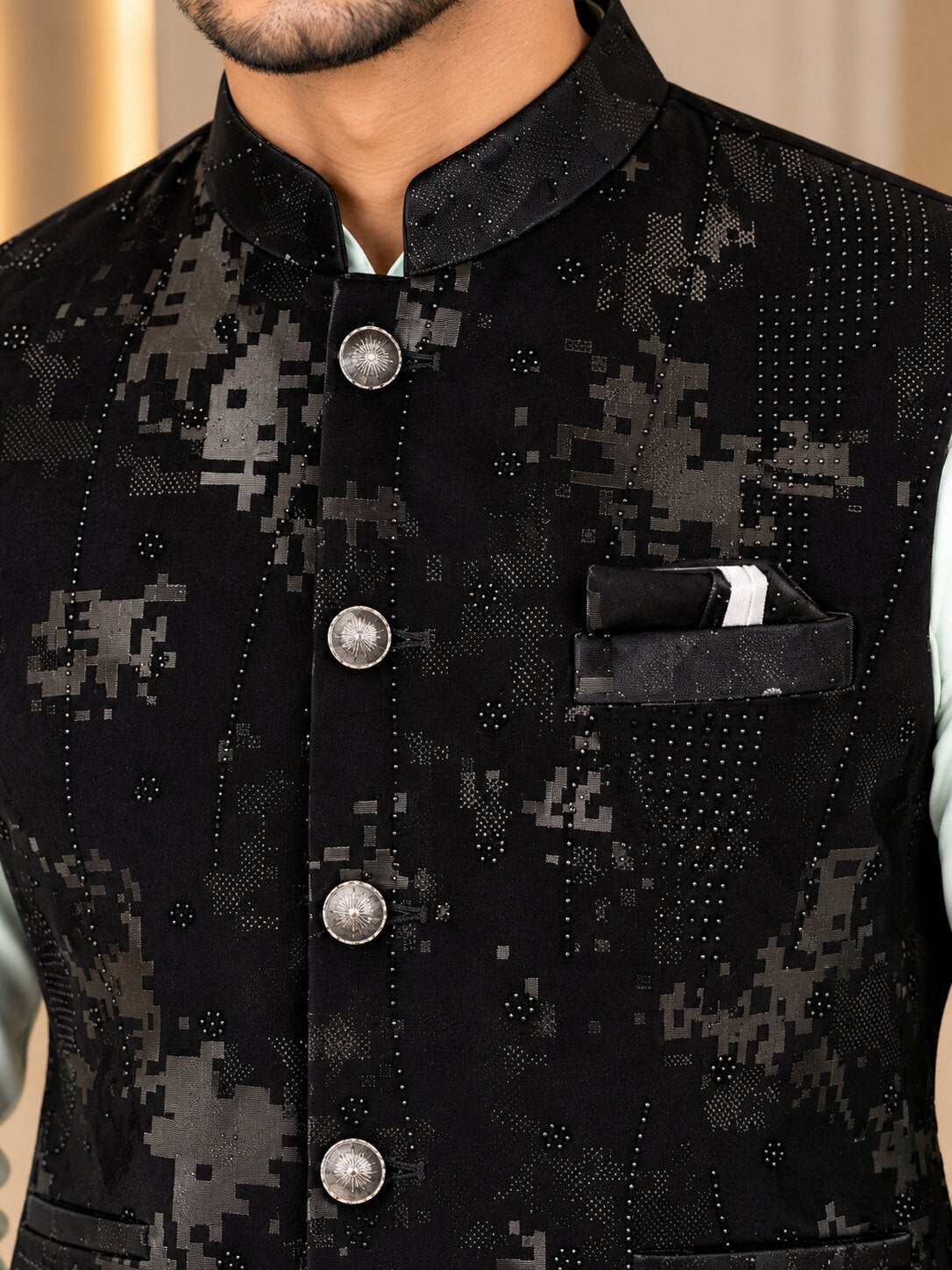 Men Black Abstract Printed Nehru Jacket