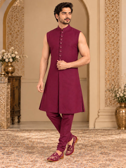Men Premium Wine Floral & Paisley Front Open Indo Western Sherwani Set