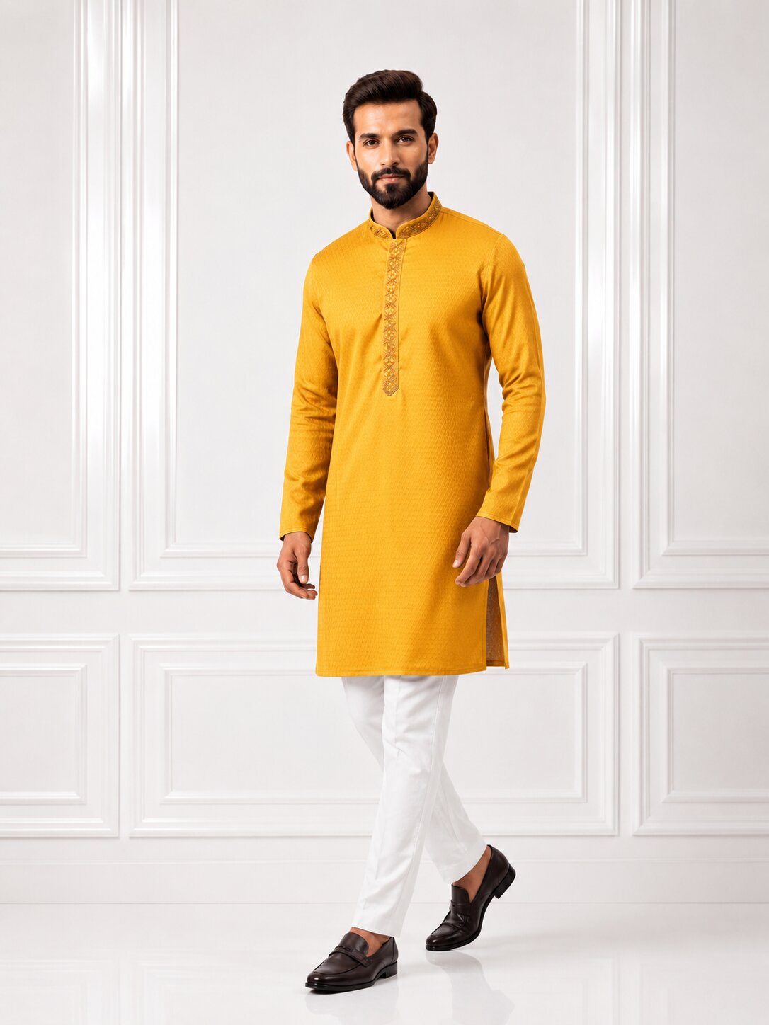 Men’s Yellow Embroidered Kurta Pajama