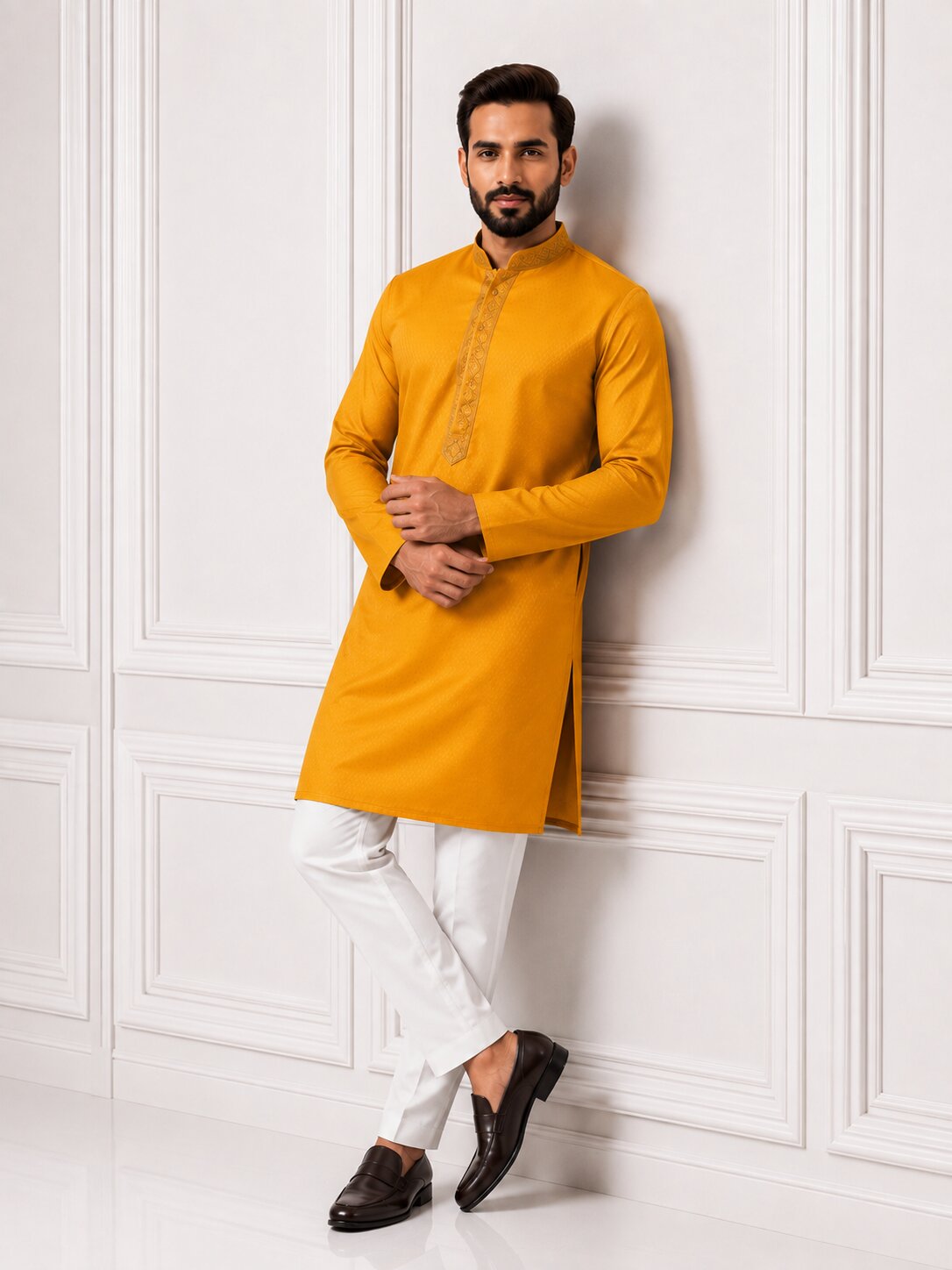 Men’s Yellow Embroidered Kurta Pajama