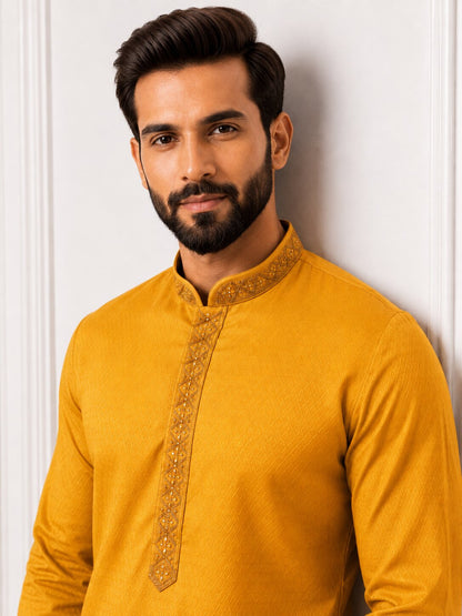 Men’s Yellow Embroidered Kurta Pajama