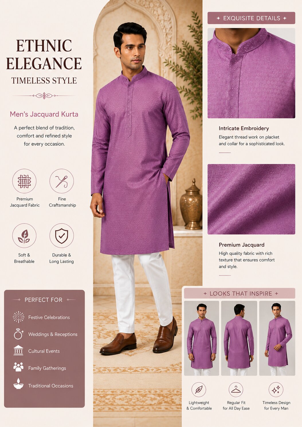 Men’s Purple Textured Kurta Pajama