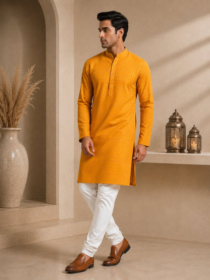 Men’s Yellow Textured Kurta Pajama