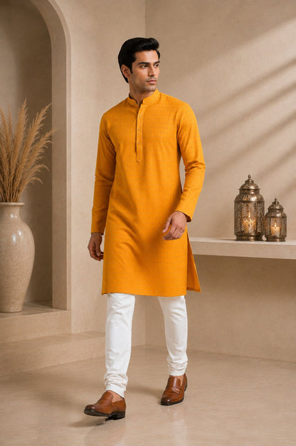 Men’s Yellow Textured Kurta Pajama