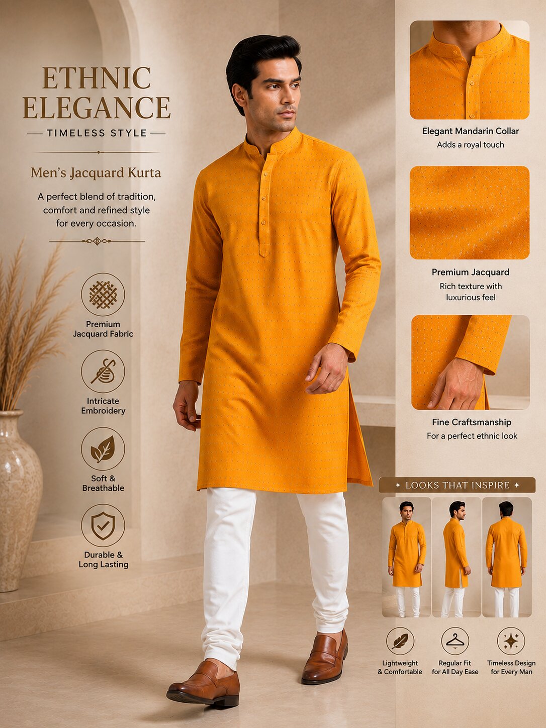 Men’s Yellow Textured Kurta Pajama