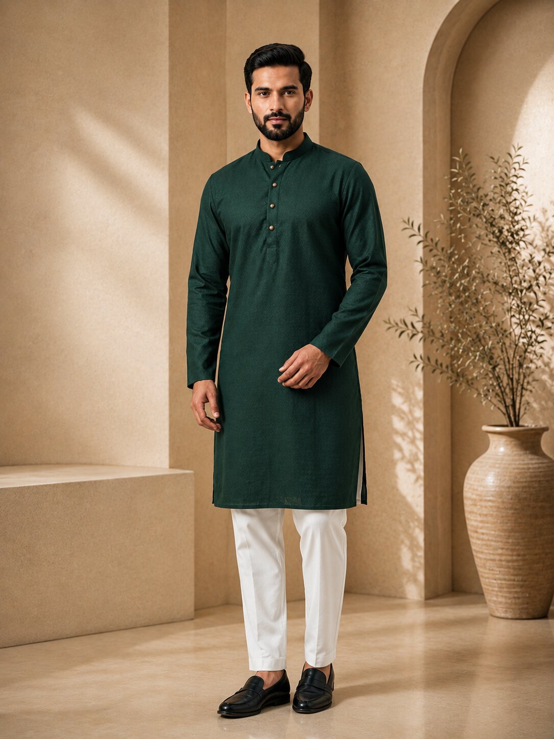 Men’s Green Textured Kurta Pajama