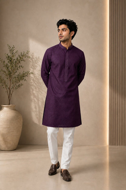Men’s Purple Textured Kurta Pajama Set