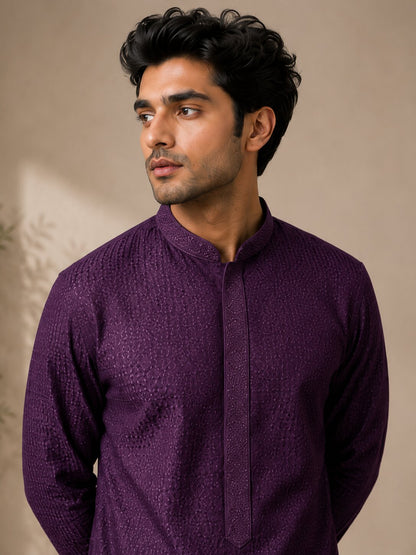 Men’s Purple Textured Kurta Pajama Set