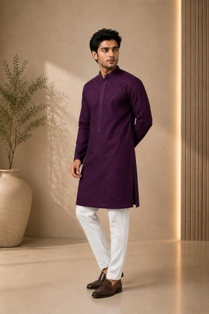 Men’s Purple Textured Kurta Pajama Set
