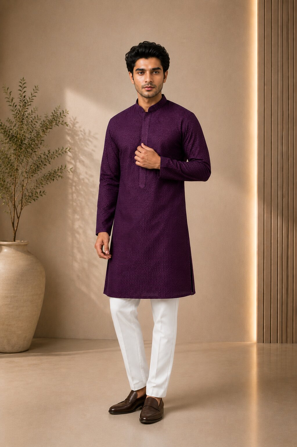 Men’s Purple Textured Kurta Pajama Set