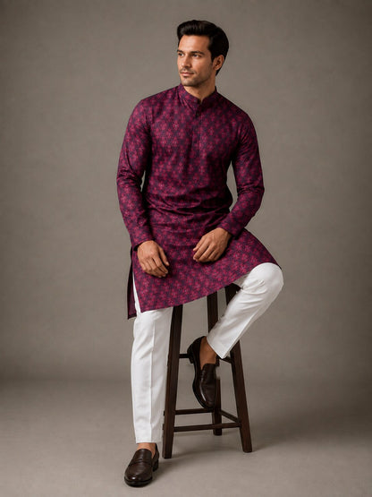 Men’s Purple Printed Kurta Pajama Set