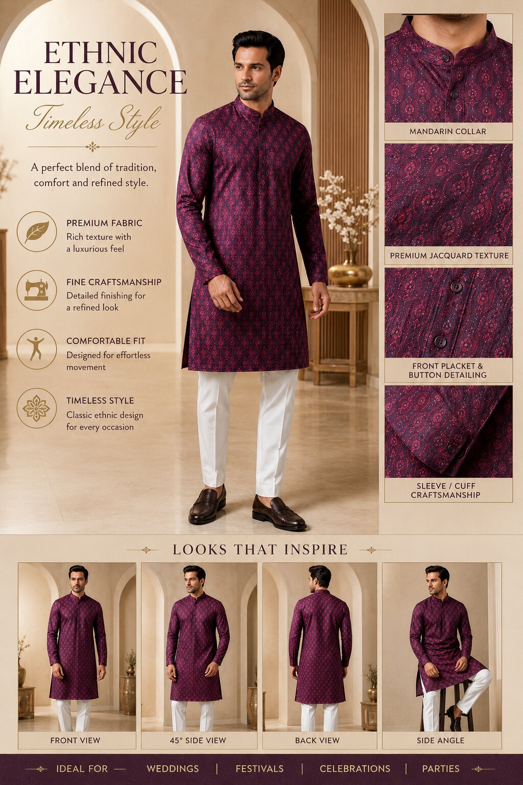 Men’s Purple Printed Kurta Pajama Set