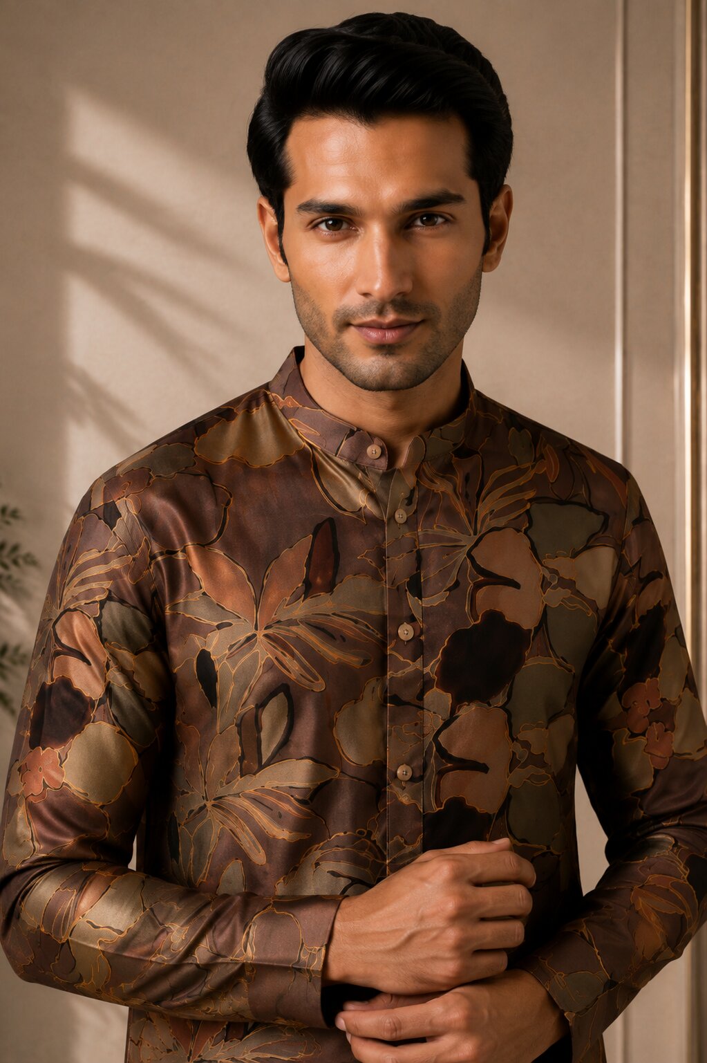 Men’s Coffee Floral Printed Kurta Pajama Se