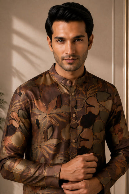 Men’s Coffee Floral Printed Kurta Pajama Se