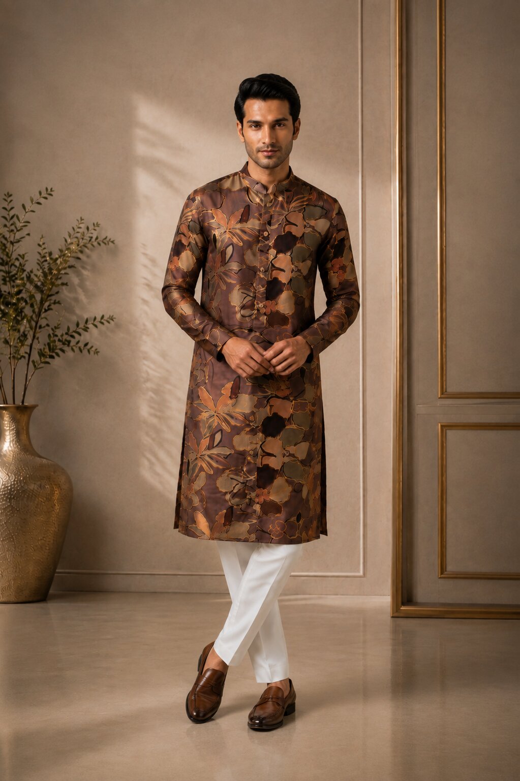 Men’s Coffee Floral Printed Kurta Pajama Se