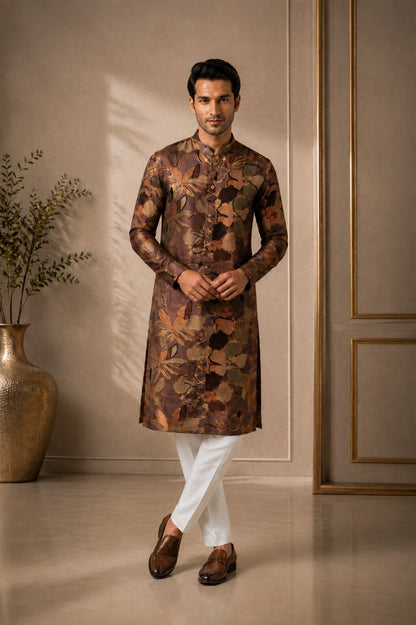 Men’s Coffee Floral Printed Kurta Pajama Se