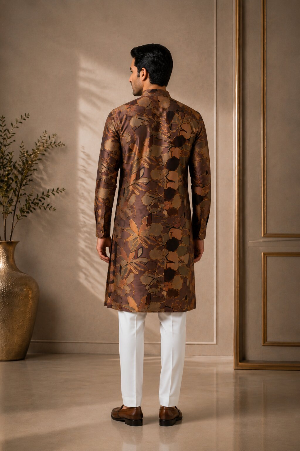 Men’s Coffee Floral Printed Kurta Pajama Se