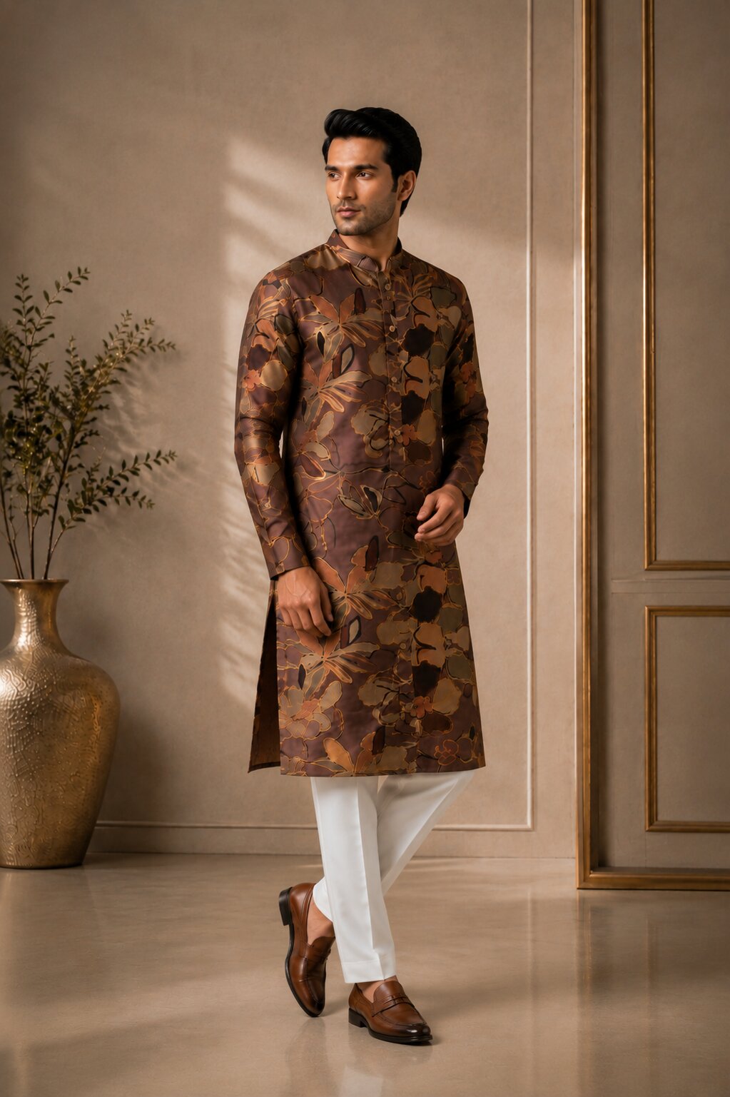 Men’s Coffee Floral Printed Kurta Pajama Se