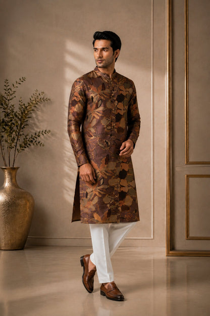 Men’s Coffee Floral Printed Kurta Pajama Se