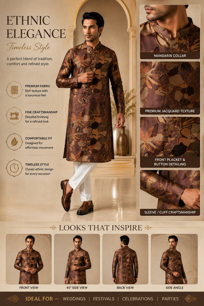 Men’s Coffee Floral Printed Kurta Pajama Se