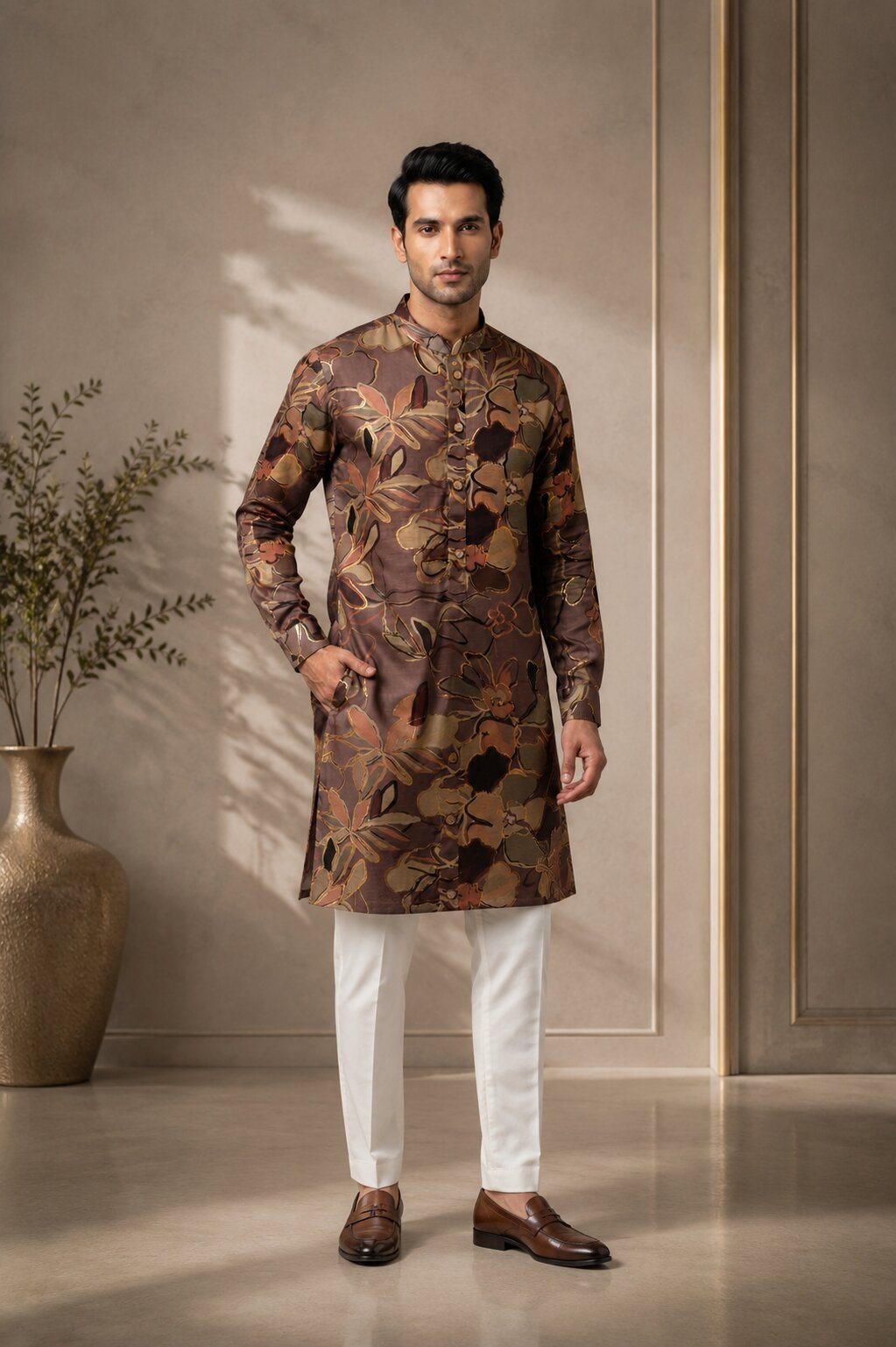 Men’s Coffee Floral Printed Kurta Pajama Se