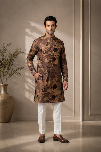 Men’s Coffee Floral Printed Kurta Pajama Se