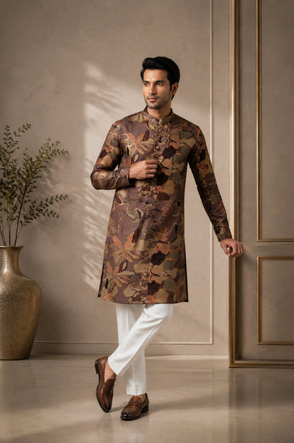 Men’s Coffee Floral Printed Kurta Pajama Se