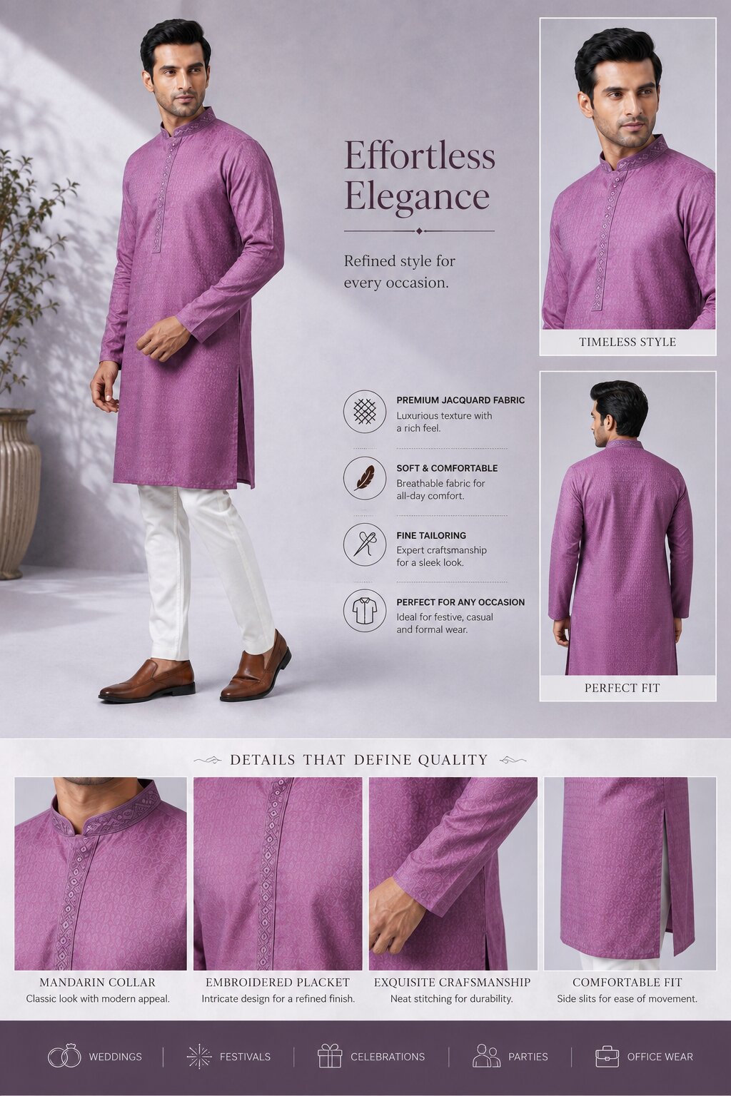 Men’s Light Purple Printed Kurta Pajama Set