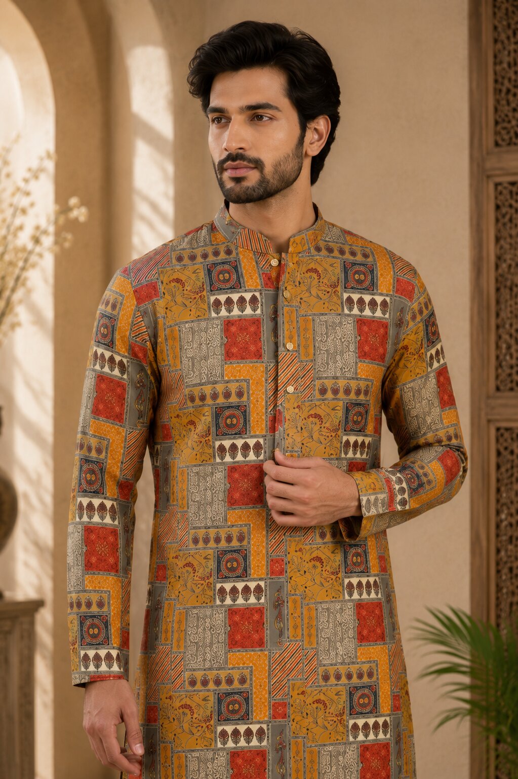 Mustard Printed Kurta Pajama