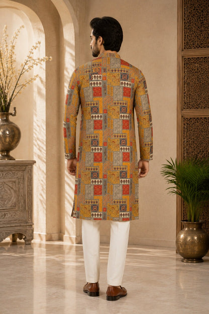 Mustard Printed Kurta Pajama