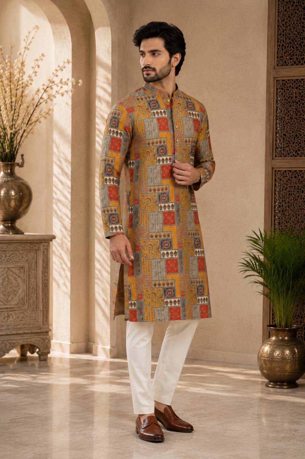 Mustard Printed Kurta Pajama
