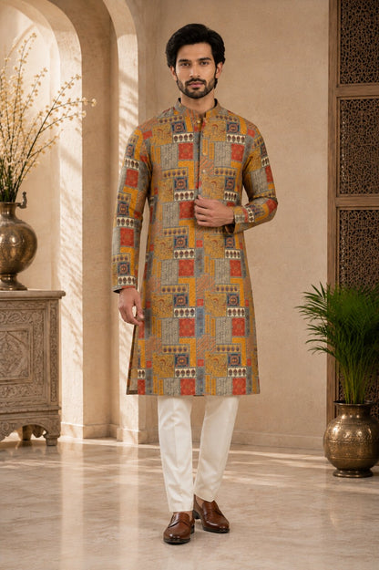 Mustard Printed Kurta Pajama