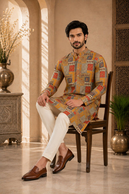 Mustard Printed Kurta Pajama