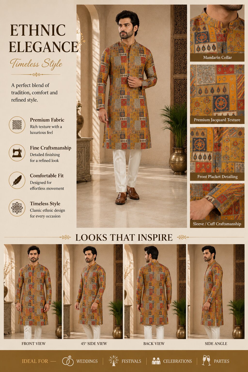 Mustard Printed Kurta Pajama