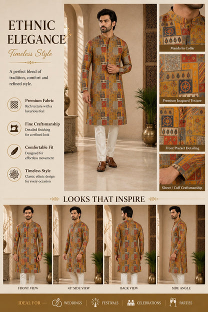 Mustard Printed Kurta Pajama