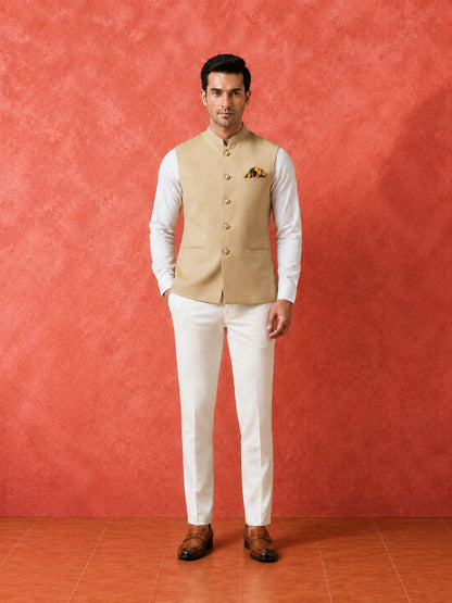 Beige Solid Nehru Bandi for Men