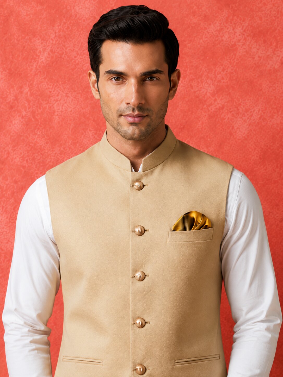 Beige Solid Nehru Bandi for Men
