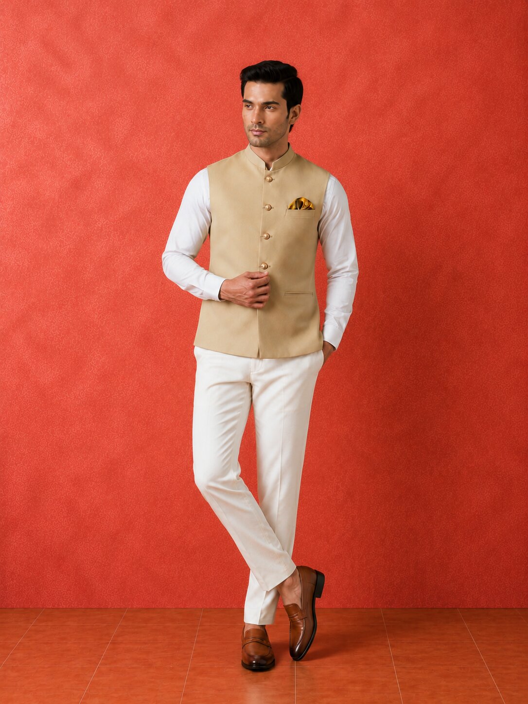 Beige Solid Nehru Bandi for Men
