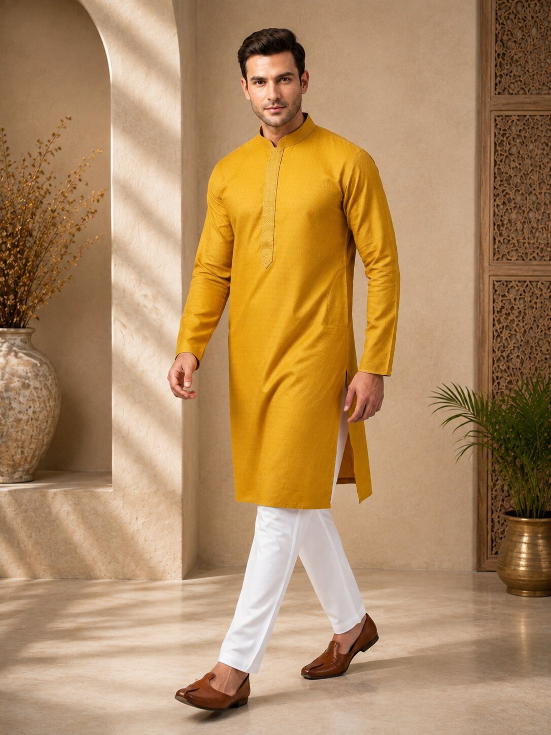 Mustard Yellow Textured Silk Kurta Pajama