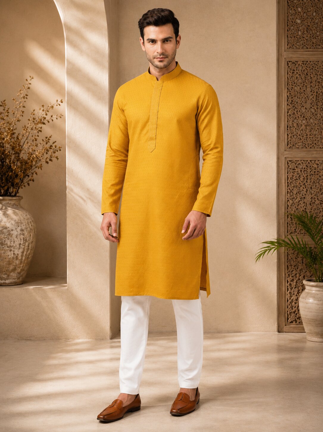 Mustard Yellow Textured Silk Kurta Pajama