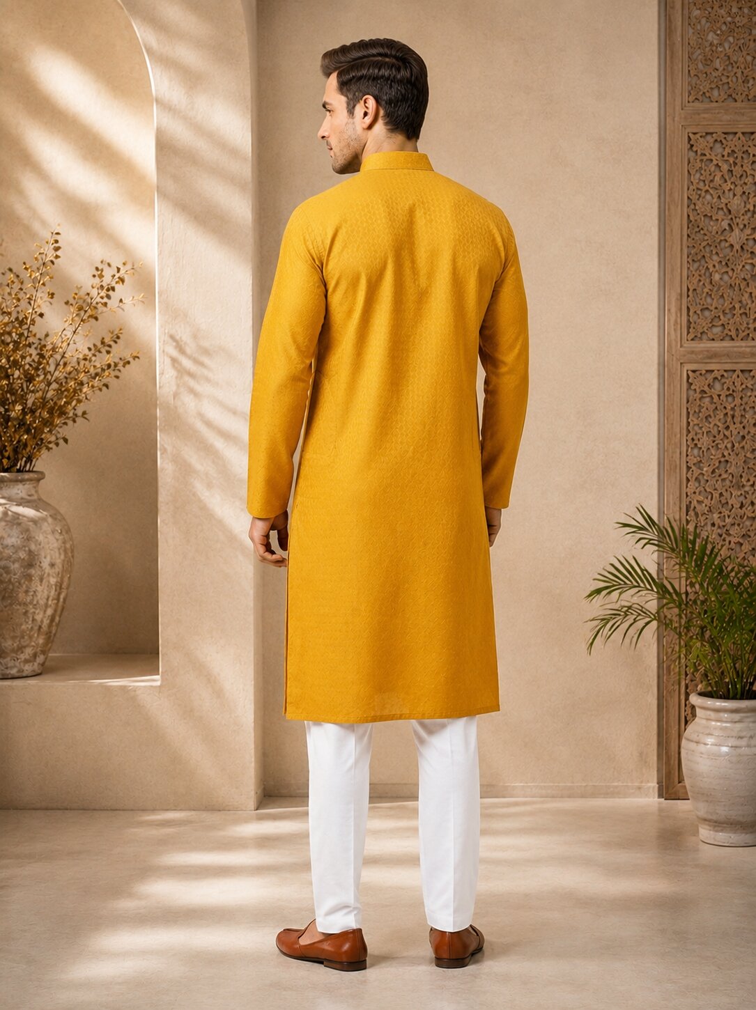 Mustard Yellow Textured Silk Kurta Pajama