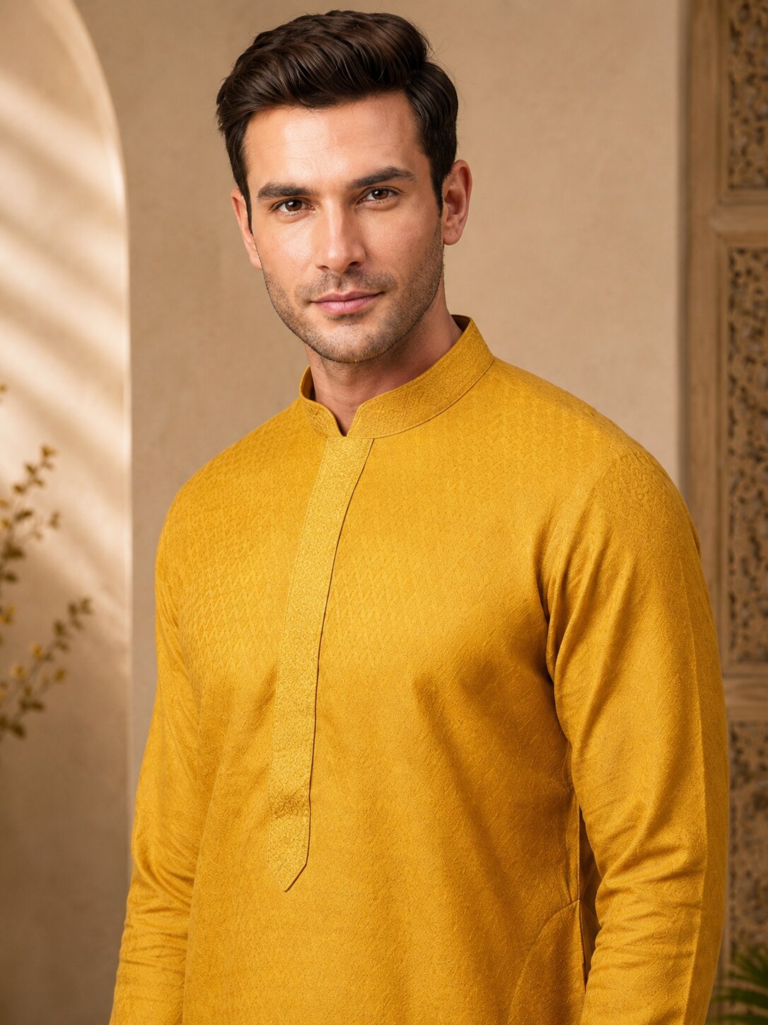 Mustard Yellow Textured Silk Kurta Pajama