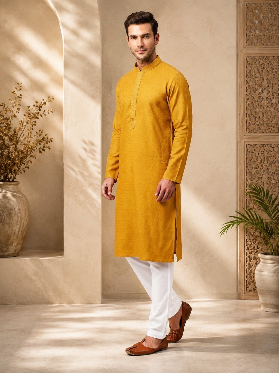 Mustard Yellow Textured Silk Kurta Pajama