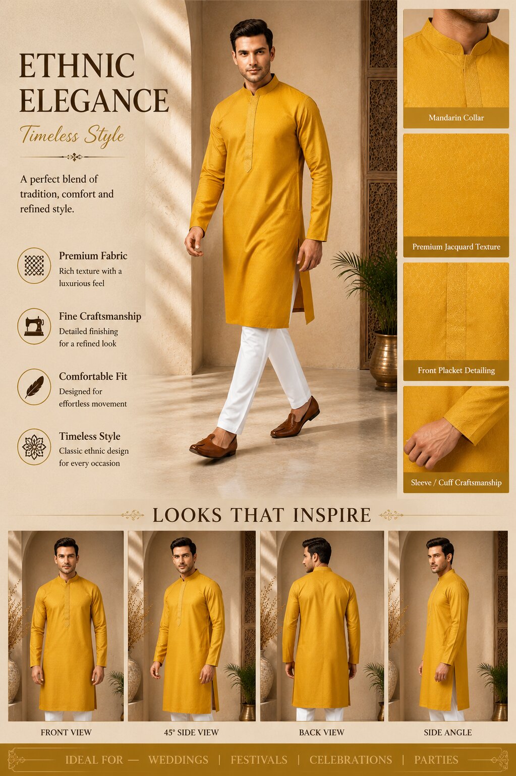 Mustard Yellow Textured Silk Kurta Pajama